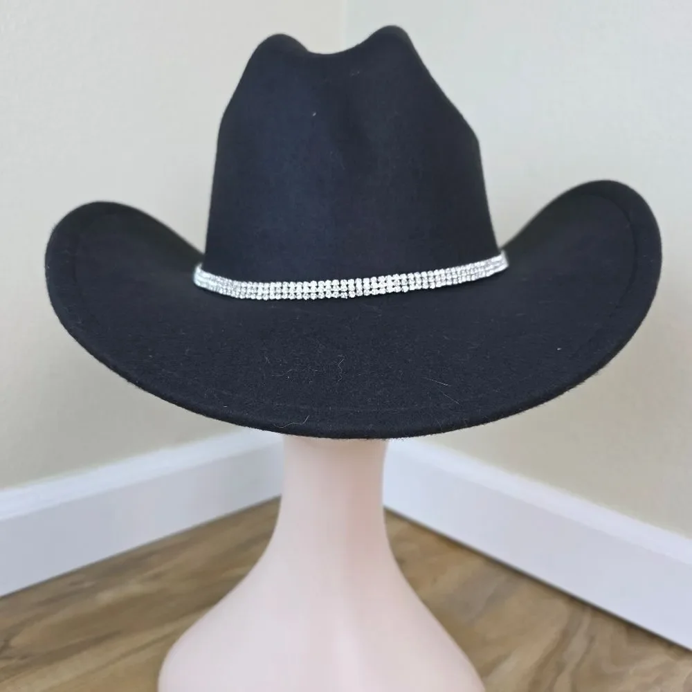☔️🩵Black & Rhinestone Band Wide Brim Cowgirl Hat Medium - Picture 4 of 15